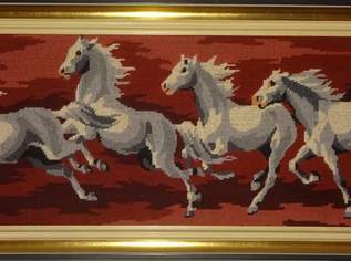 Gobelin – handgemacht – Bild gerahmt - Pferde - ca. 36 cm x 94 cm