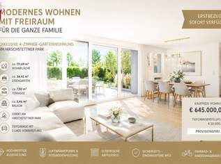4-ZIMMER-FAMILIENTRAUM MIT GARTEN, TERRASSE & BALKON auf zwei Etagen, PROVISIONSFREIER ERSTBEZUG IN 1220 WIEN, 645000 €, Immobilien-Wohnungen in 1220 Donaustadt