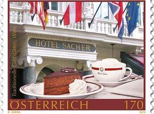 1 Bogen à 50 Stück postfr. Briefmarken Nominalwert von 1,70 EUR "Gastronomie mit Tradition - Hotel Sacher" um 80% des Nominalwertes 