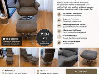 Relax-Sessel mit Hocker Kopfstütze und Armlehnen grau 799€ VB, 799 €, Haus, Bau, Garten-Möbel & Sanitär in 6923 Marktgemeinde Lauterach