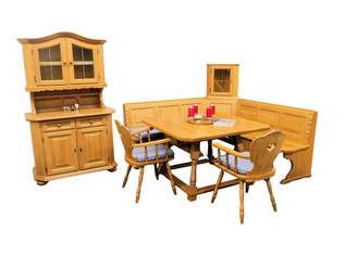 Eckbank mit Kissen, 2 Sessel mit Armlehne und Kissen, Wand-Eckschrank mit Glastür, Anrichte mit Oberschrank Glastüren,  Eiche massiv, , 2500 €, Haus, Bau, Garten-Möbel & Sanitär in Deutschland