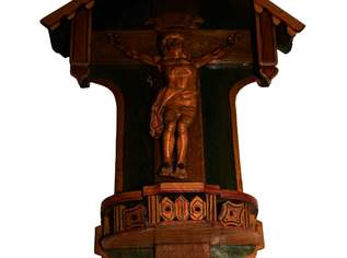 Wandkreuz Holz Schnitzerei bemalt mit Dach, 300 €, Marktplatz-Antiquitäten, Sammlerobjekte & Kunst in Deutschland