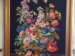 Gobelinbild handgestickt, Blumenstrauß in der Vase 