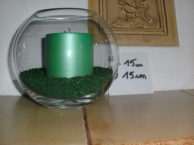 Dekoration -Glasvase H-15cm, mit Kerze und grüne Steinchen