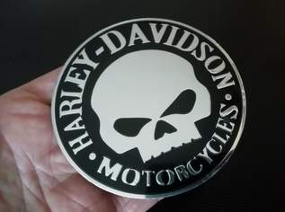 Aufkleber 3D Aluminium Emblem Harley Davidson Skull Silber Rund 9cm