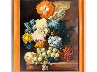 Gerahmtes Ölbild: Stillleben mit Blumen- und Obst - Arrangements, 90 €, Marktplatz-Antiquitäten, Sammlerobjekte & Kunst in 7152 Pamhagen