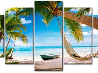 Wandbild Palmenstrand mit Boot, 5-teilig 100x200cm Wandbild Palmenstrand mit Boot, 5-teilig 100x200cm