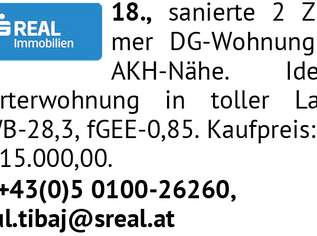 18., sanierte 2 Zimmer, 315000 €, Immobilien-Wohnungen in 1180 Währing