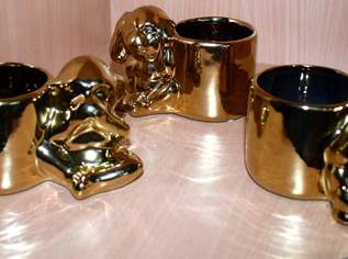 3 kleine Pflanzgefäße Affenkeramik goldfarben