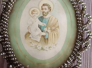 Glasperlenbild Klosterarbeit, antik, Josef mit dem Jesuskind Wallfahrtsandenken 
